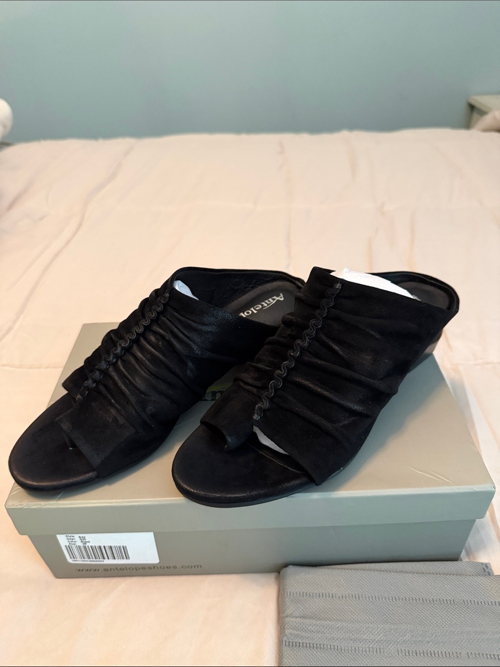Antelope Black Suede Open Toe Slides NIB 39 8.5